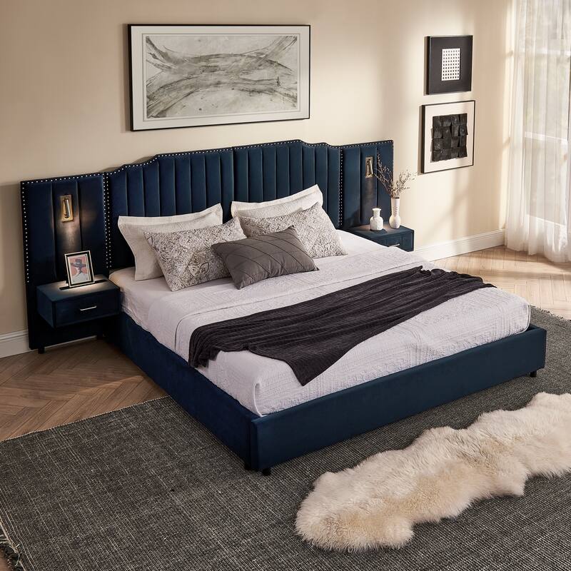 King Size Upholstered Bed Frame with Velvet Fabric, Vertical Stripe Design with Buttons Around King Size Platform Bed
