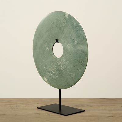 Artissance Medium Green Jade Disk Statue Decor With Base, 16 Inch Tall