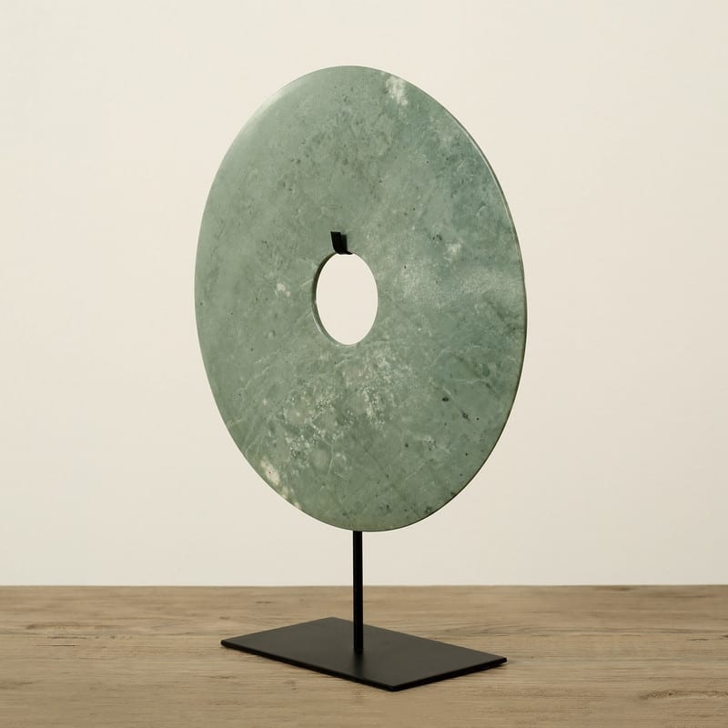 Artissance Medium Green Jade Disk Statue Decor With Base, 16 Inch Tall