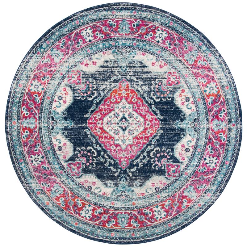SAFAVIEH, Evoke Seniha Vintage Boho Medallion Rug - 6'7" Round - Navy/Fuchsia