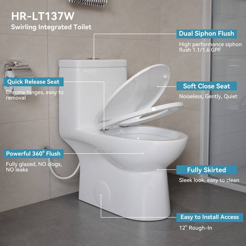 HOROW One Piece Elongated Toilet in White 0.8/1.28 GPF Dual Flush with Seat - N/A