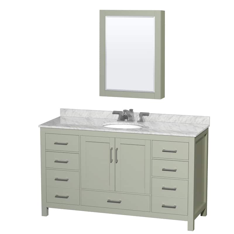 Wyndham Collection Sheffield Single Vanity Set, Medicine Cabinet - 60-Inch Single - Light Green, White Carrara Marble Top, Nickel Trim