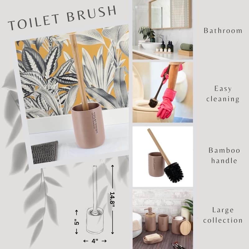 Chic Matte Toilet Brush Holder Set with Natural Bamboo Handle - 4 L x 4 W x 14.8 H