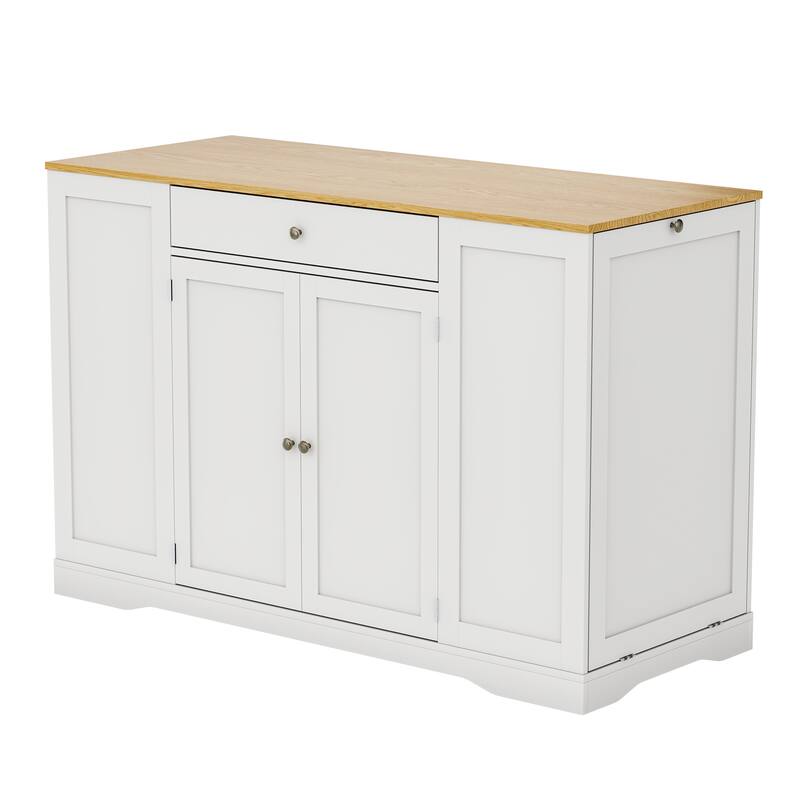 53" Mobile Kitchen Island Cart with Trash Can Cabinet, Spice Rack, Drawer & Towel Bar