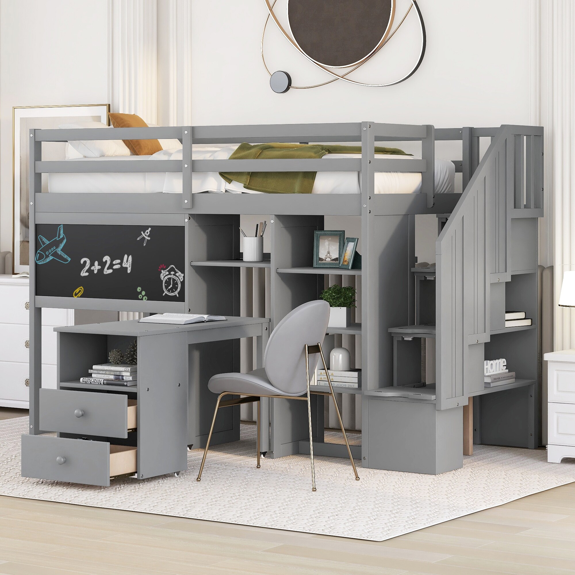 Modern Design Twin Size Loft Bed with Desk and Storage Drawers and Cabinet in 1 Wardrobe