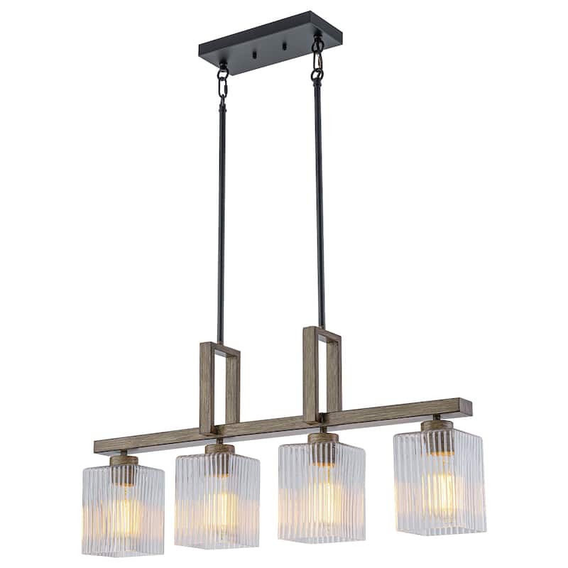 4-Light Faux Wood Linear Island Chandelier with Ribbed Glass Shades - Dia.30.51-in