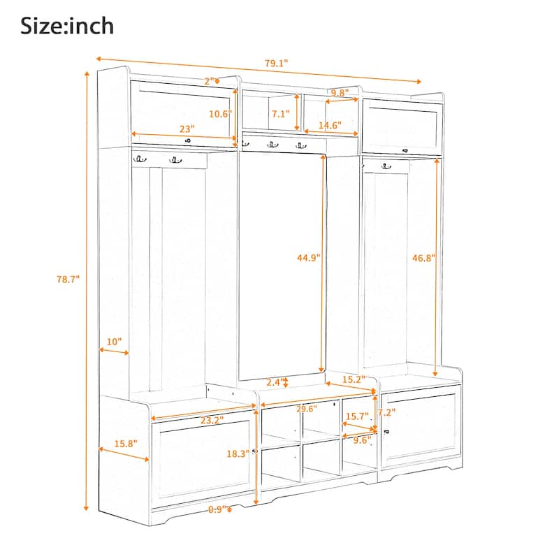 79.1"Wide Hall Tree with Shoe Storage,8 Cubbies & Adjustable Shelf