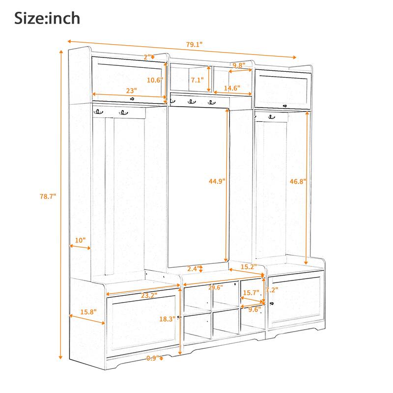 79.1 Inch Modern Hall Tree with Shoe Storage and 8 Cubbies