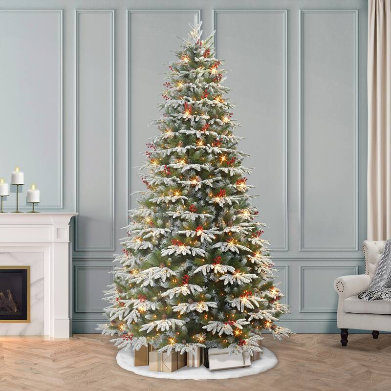 Puleo International 9 ft. Pre-lit Flocked Halifax Fir Artificial Christmas Tree