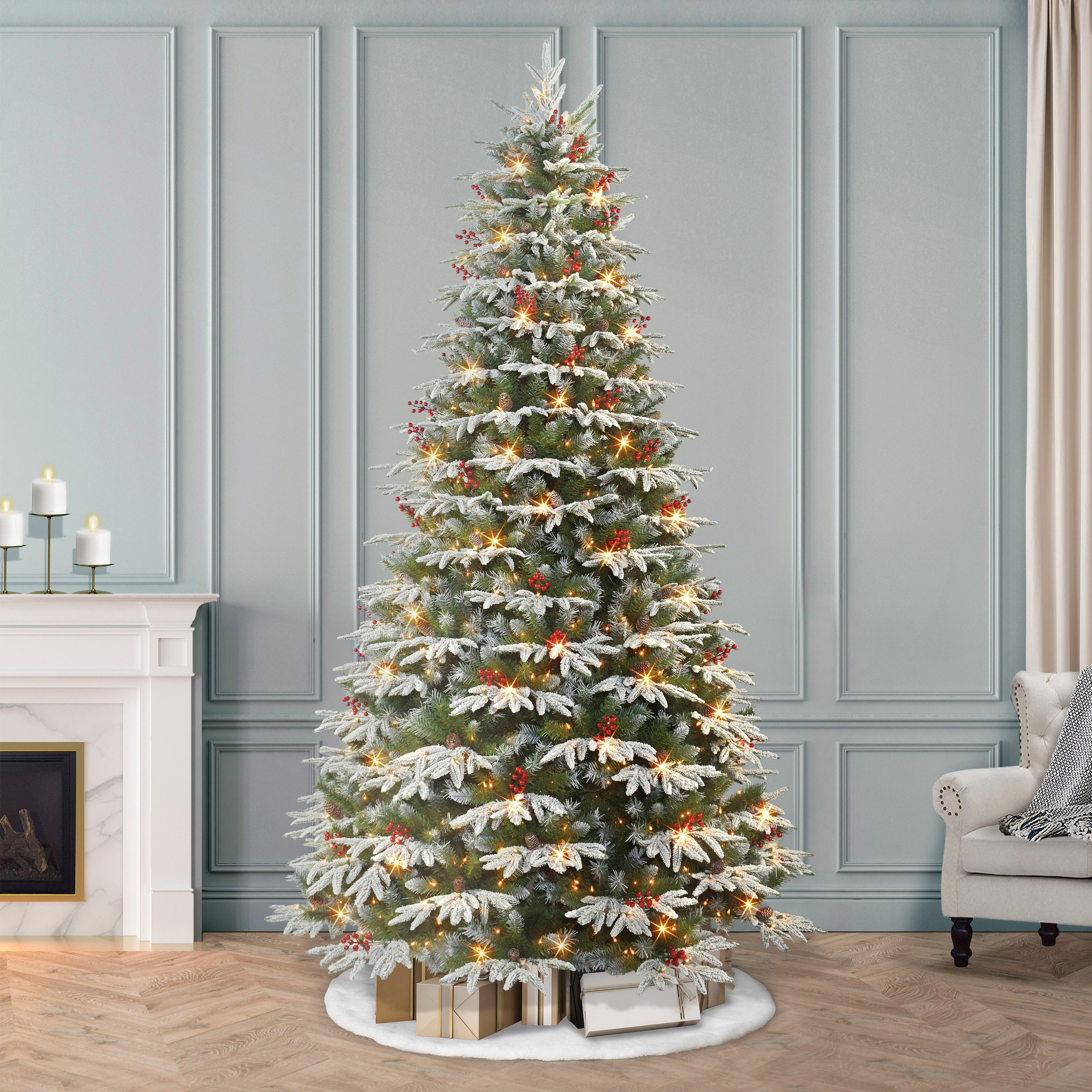 Puleo International 9 ft. Pre-lit Flocked Halifax Fir Artificial Christmas Tree