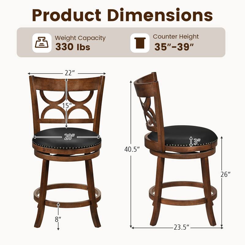 Gymax 26'' Counter Height Bar Stools Set of 2 w/Rubber Wood Frame