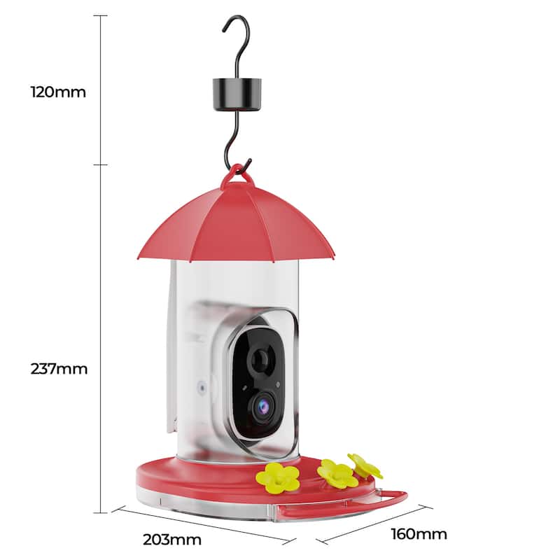 Plastic Hummingbird Feeder, 5200mAh Battery w Solar Panel and Camera IP65 Water Proof, Ant Moat and Bee-proof features