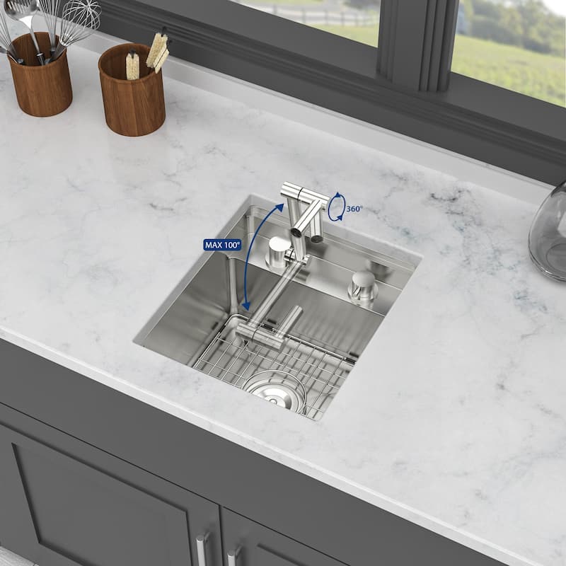 15" Undermount Bar Sink with Folding Faucet Single Bowl 16 Gauge Stainless Steel Kitchen Sink - Brushed Nickel
