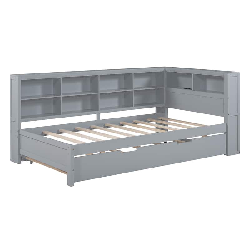 Wooden DayBed Sofa Bed Frame with L-Shape Storage Headboard, Platform Bed Pull-out Trundle Bed, USB Charging Ports