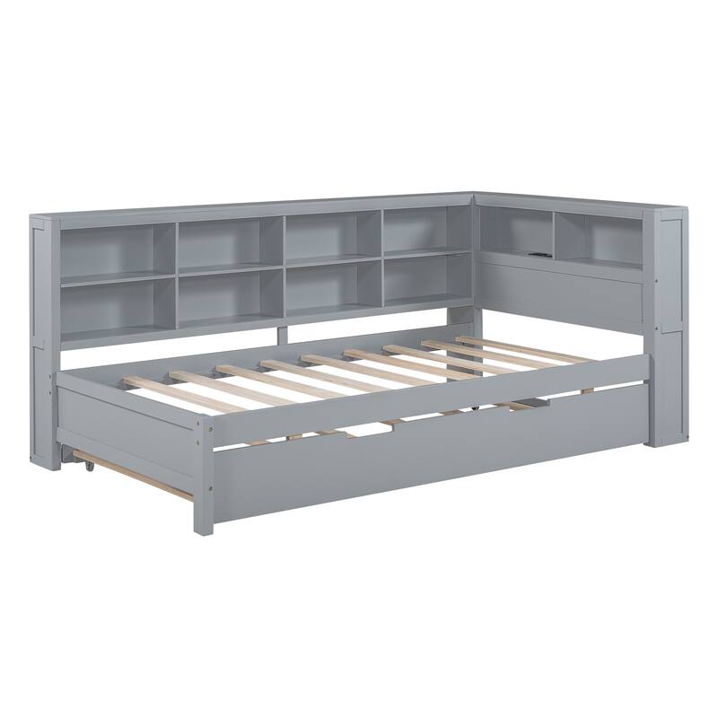 Wooden Twin/Full Size DayBed with Twin Size Trundle, Day Bedframe Sofa Bed with L-Shaped Bookcase Headboard & USB Charging Ports