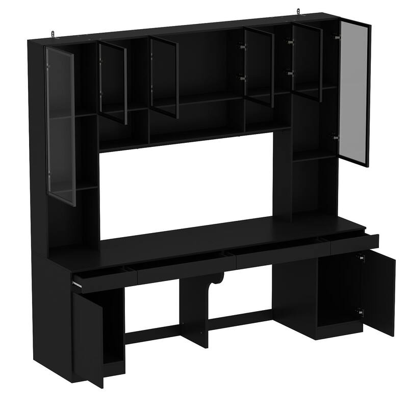 90.6"Illuminated Glass Workstation Productive Workspace Bookshelf Desk
