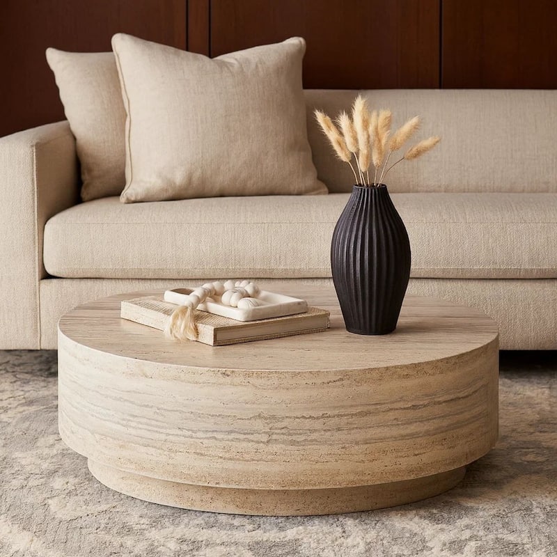 Lia 39 Inch Coffee Table, Round Travertine Stone Finish Laminated Top