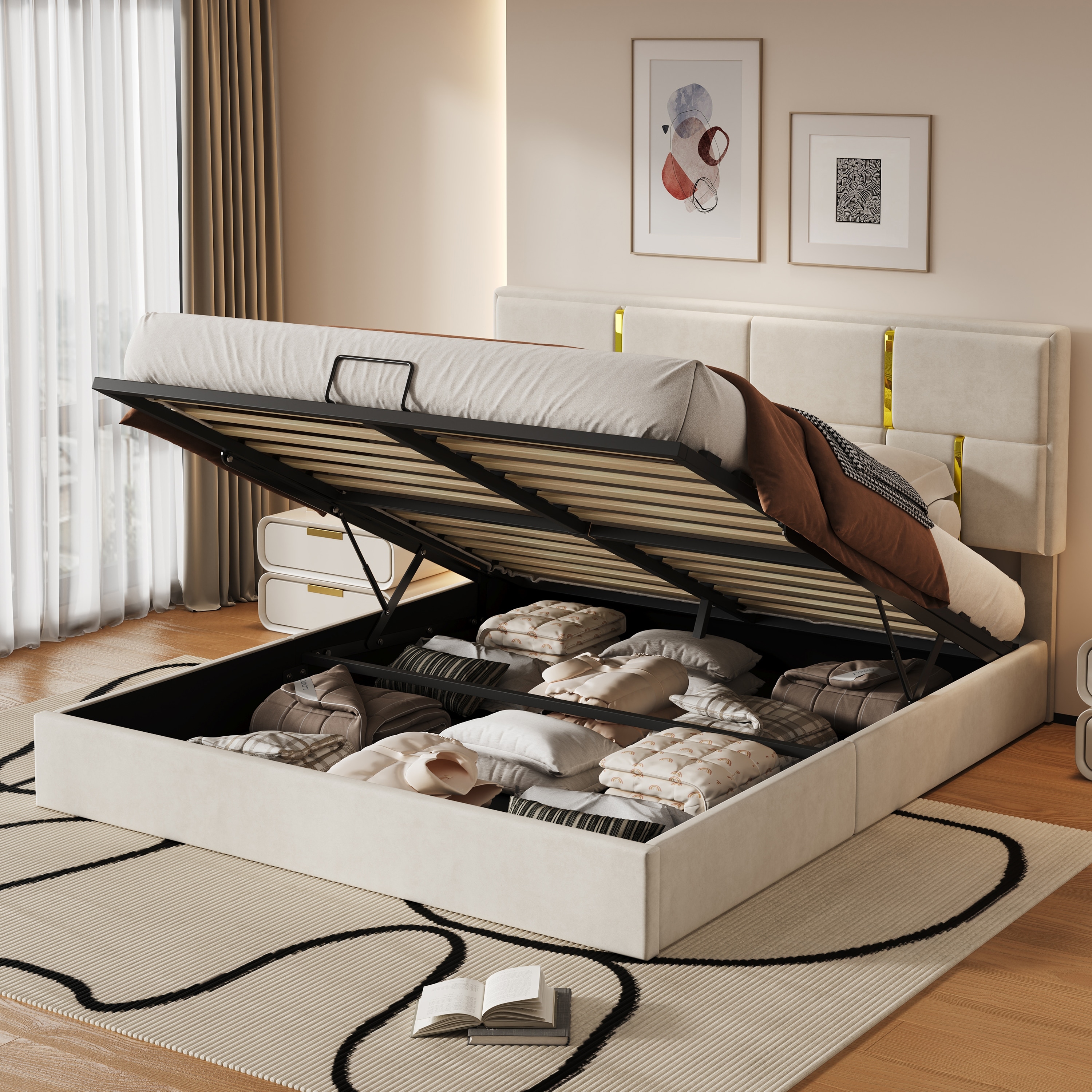 Queen Upholstered Platform Bed with Hydraulic Storage Gold Headboard Trim Soft Fabric