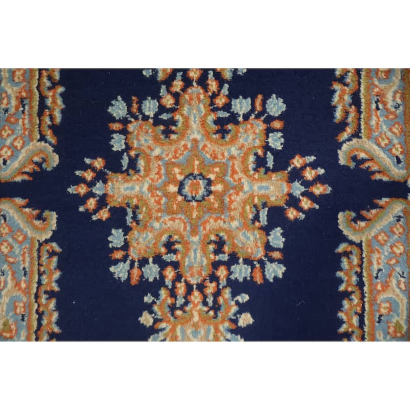 Hand Knotted Oriental 100% Wool Carpet Traditional Floral Navy Blue & Blues Kerman Runner Rug - 9' 10'' X 2' 5''