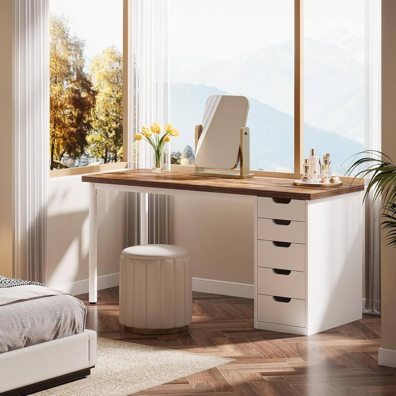 Modern Computer Desk with 5 Reversible Drawers, Storage Home Office Desk, PC/Laptop Desk, Study Writing Table Workstation