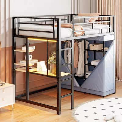 Twin Size Loft Metal Bed with Desk,Shelves,Power Outlet,LED Light and Wardrobe, Black