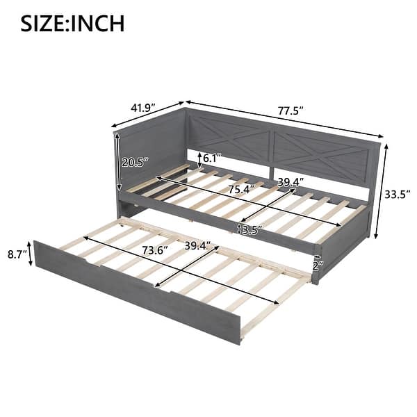 dimension image slide 3 of 4, Twin Size Solid Pine Wood Daybed, Sofa Bed Frame with X-Shaped Design Guardrail for Kids Boys Adults
