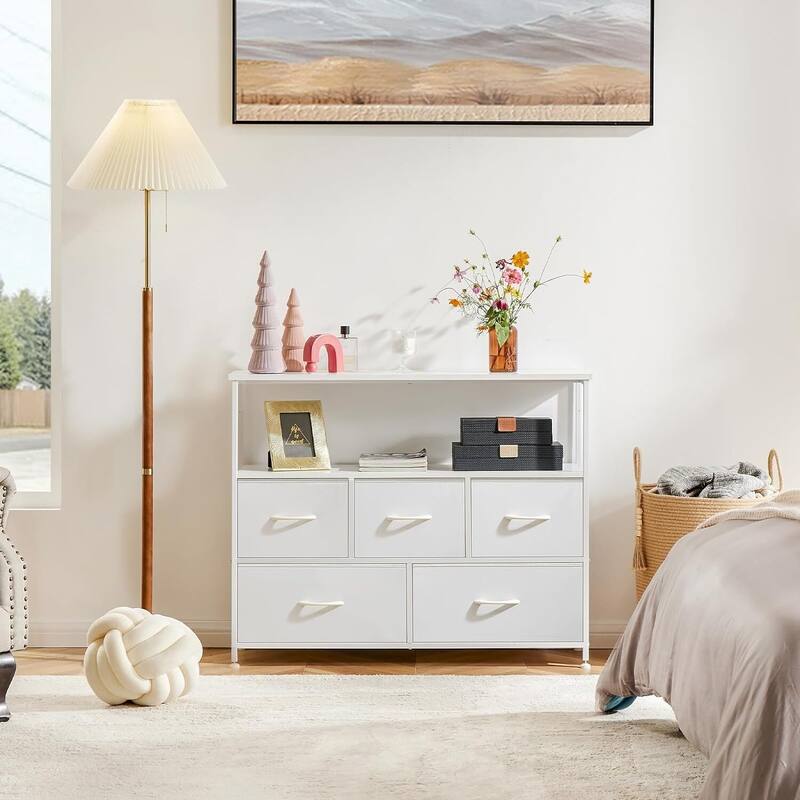 Modern 5 Fabric Drawer 11.8 in. Wide Chest of Drawers with Open Shelf & TV Stand for 45 Inch TV Living Room