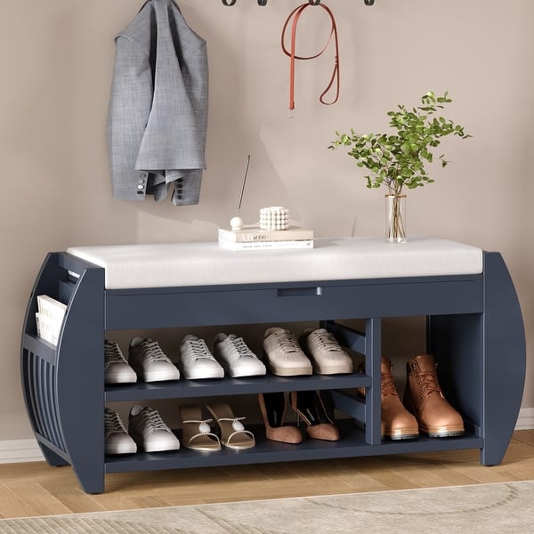 Shoe Bench 2-Tier Storage Bench with Cushion Curved Side Holder