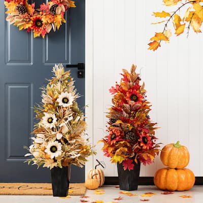 Glitzhome 3FT Fall Pumpkin Sunflower Pinecones Floral Porch Potted Tree