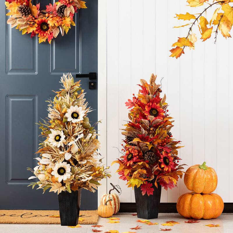 Glitzhome 3FT Fall Thanksgiving Pumpkin Sunflower Pinecones Floral Porch Potted Tree