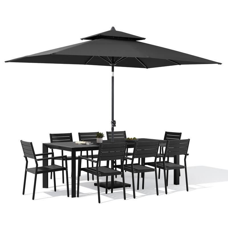 9/11-Piece Outdoor Patio Dining Set Aluminum Dining Table and Stackable Chairs w/10 ft Market Umbrella and Base