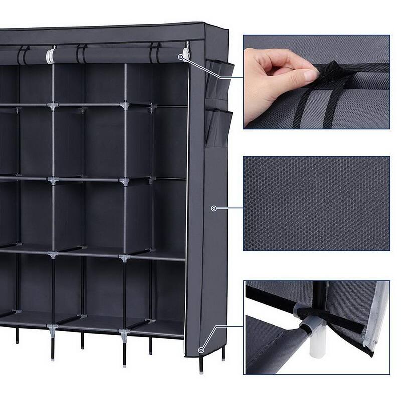 67" Clothes Closet Portable Wardrobe Clothes Storage Rack 12 Shelves 4 Side Pockets Grey