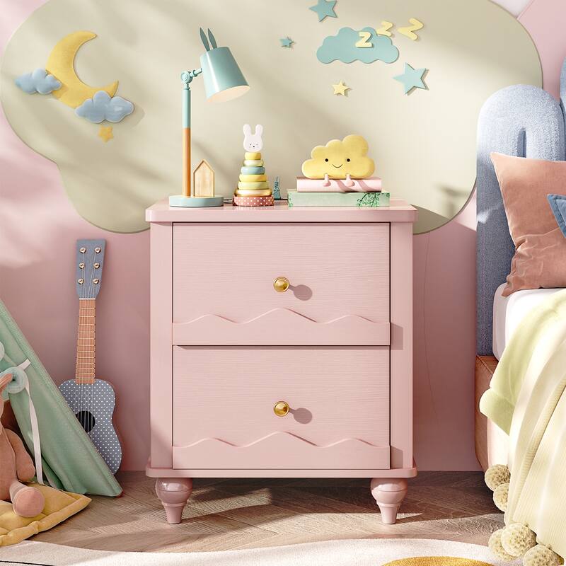 Narill Wave-Inspired Nightstand with Charging Station, Side End Table with 2 Drawers - Pink-1pc