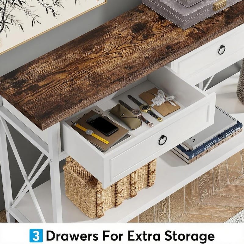 Farmhouse Console Table 71 Inch Wood Entryway Hallway Living Room Sofa Table with 3 Drawers and Bottom Shelf
