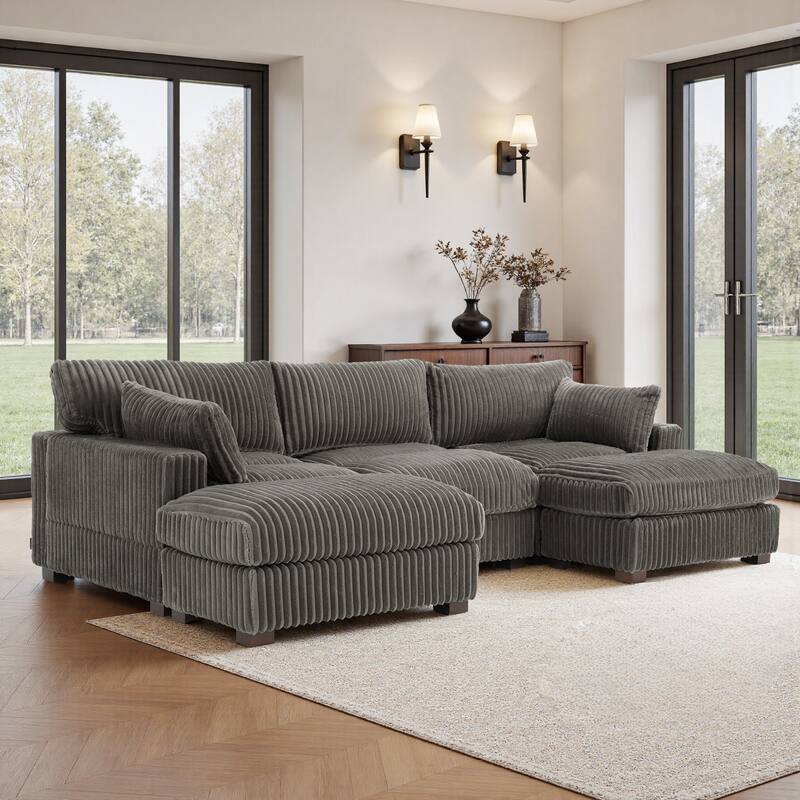 Upholstered Plush Flannel Modular Sectional Sofa with Pillows,Ajustable Headrest - Light Grey-5-Piece