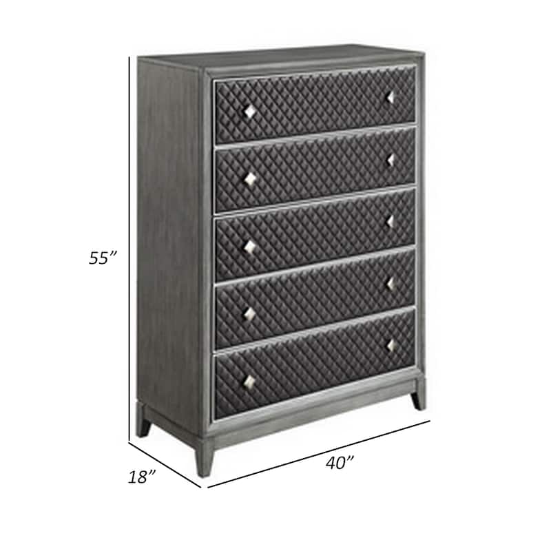 Stacy 55 Inch Tall Dresser Chest, 5 Faux Leather Upholstered Drawers, Gray