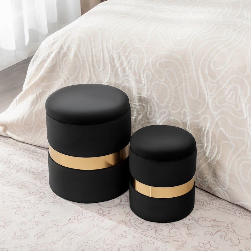 Adeco Set of 2 Velvet Storage Ottoman Round Foot Stool Metal Band