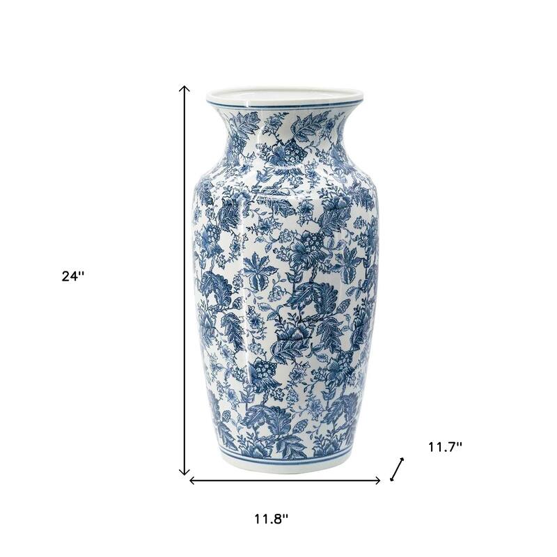 24" Blue And White Chinoiserie Porcelain Urn Table Vase - 11.80