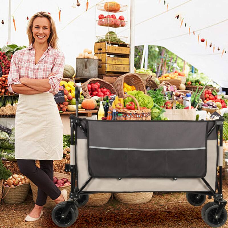 Extra Large 300L Tall Folding Wagon - 480lb Capacity with Brakes, Pockets & Drink Holders, Khaki & Gray