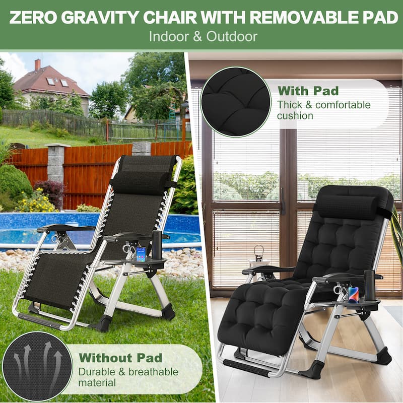 Folding Adjustable Zero Gravity Chair, with PIllow and Cushion, Black