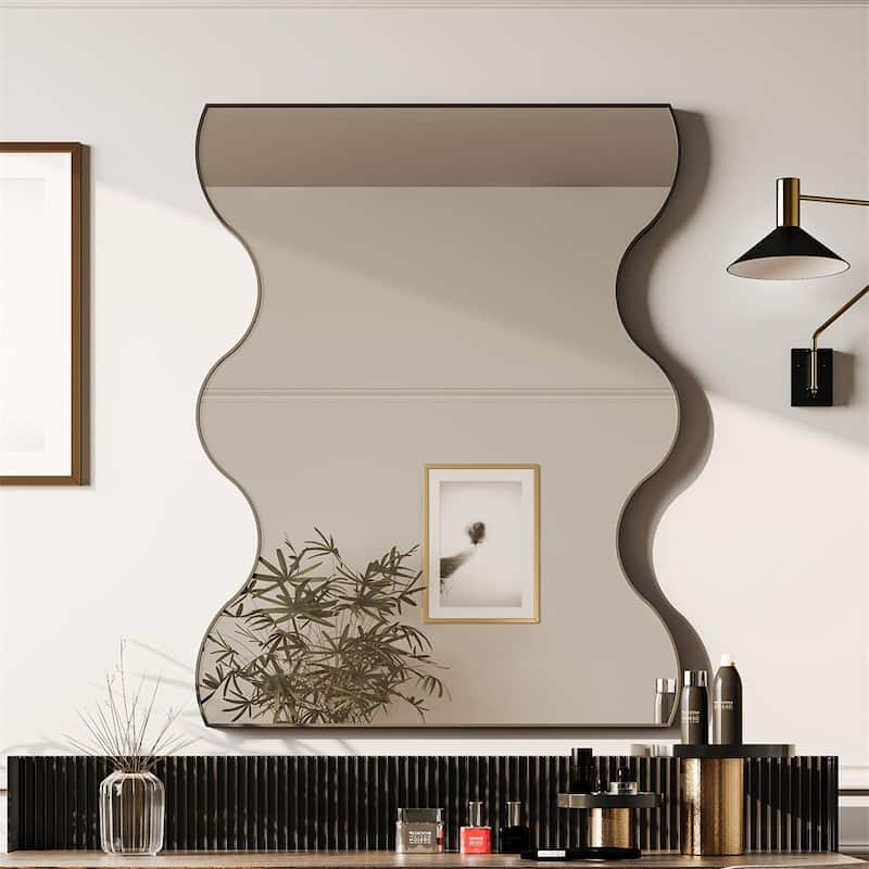 Black Rectangular Wall Mirror with 2 Wavy Sides Metal Framed