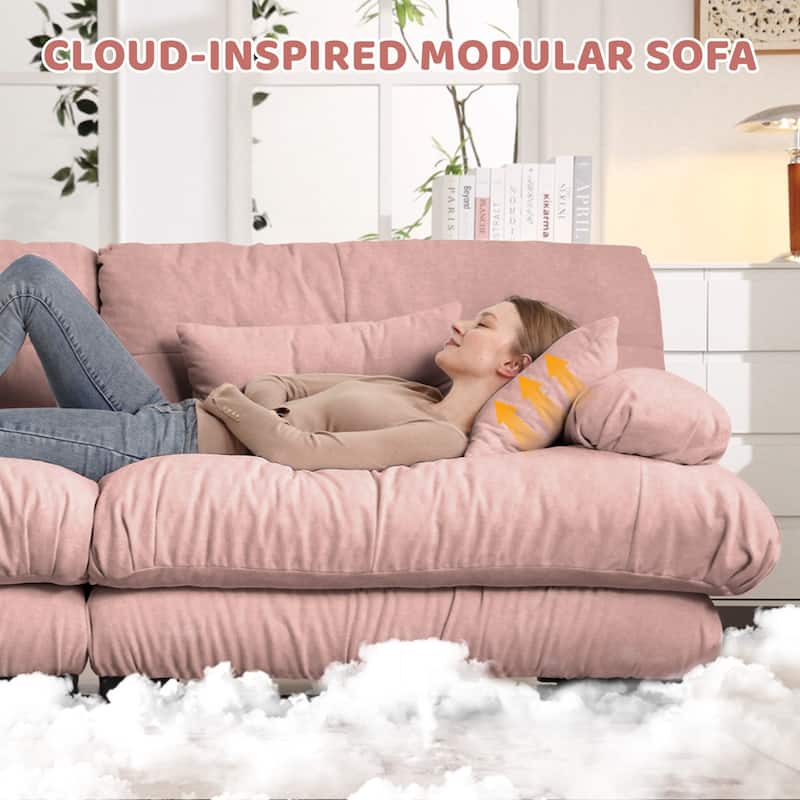 Chenille Cloud Couch Sectional Sofa with 2 Lumbar Pillows and 2 Throw Pillows and 1 Ottoman