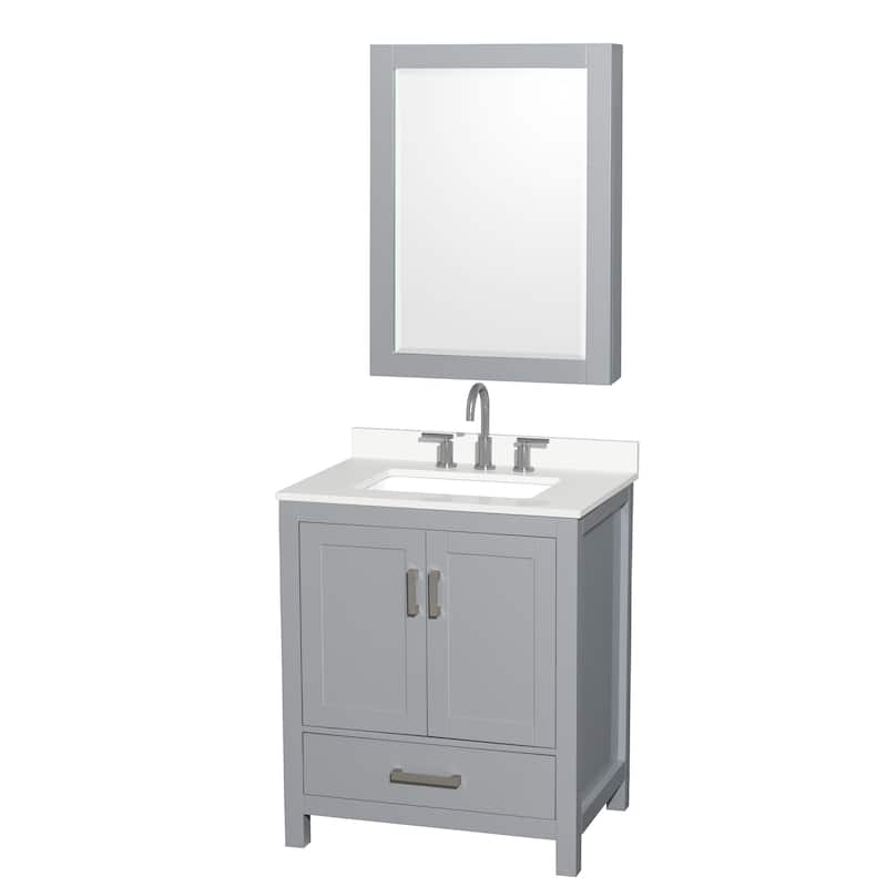 Sheffield 30-inch Single Vanity, 3 Hole Quartz Top, Med Cabinet - Gray, Chrome Trim, White Quartz Top