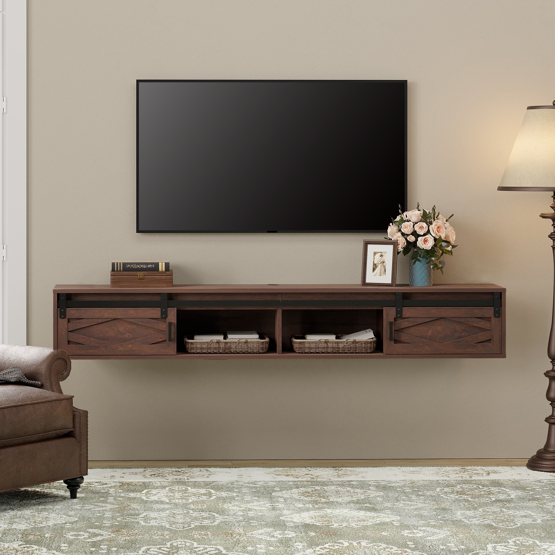WAMPAT Floating TV Stand for TVs up to 80 Inch with Sliding Barn Door