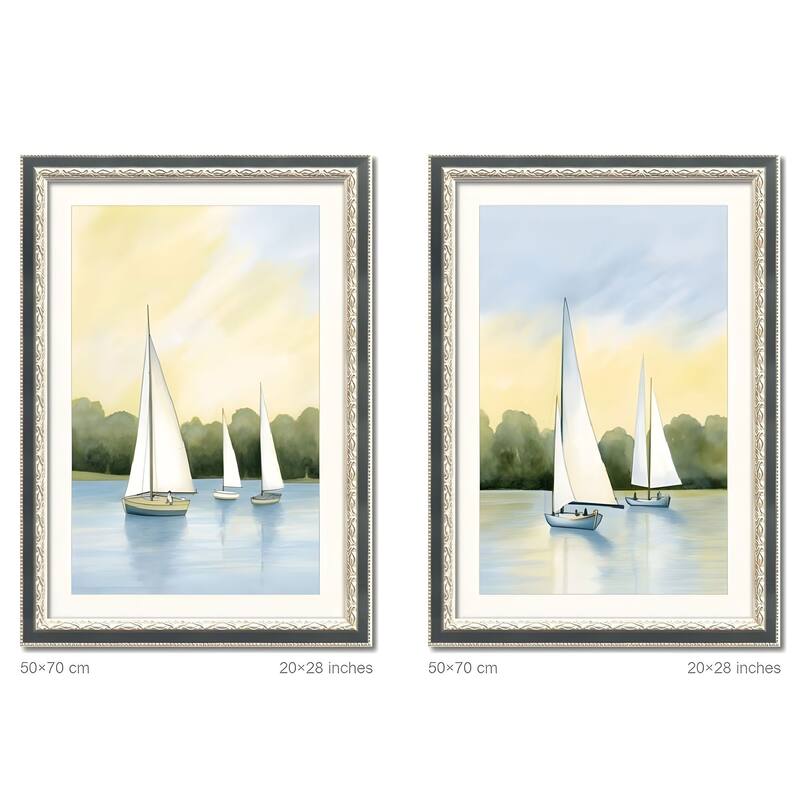 Set of 2 Sailboat Framed Wall Art - Replaceable Canvas Prints with Solid Wood Picture Frames, Nautical Wall Decor - Green,Pink