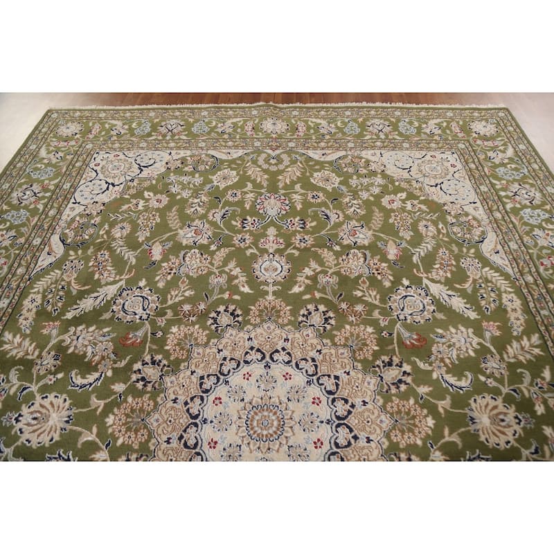 Traditional Green Kashan Oriental Area Rug Floral Wool & Silk Carpet - 9'0"x 12'0"