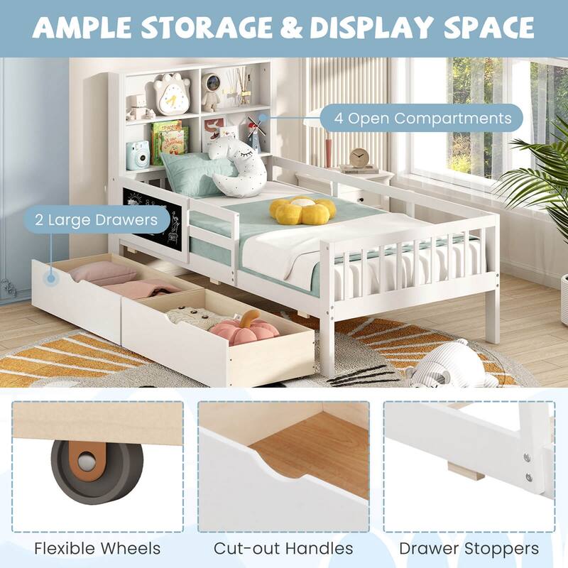 Costway Twin/Full Size Bed Frame with 2 Drawers Bookcase & Blackboard