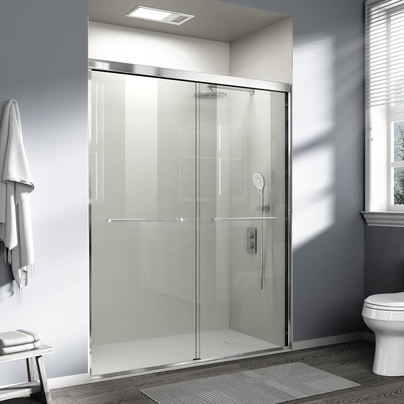 ABRUZZO 56-60" W x 72" H Semi-Frameless Double Sliding Tempered Glass Shower Door with Dual Towel Bars