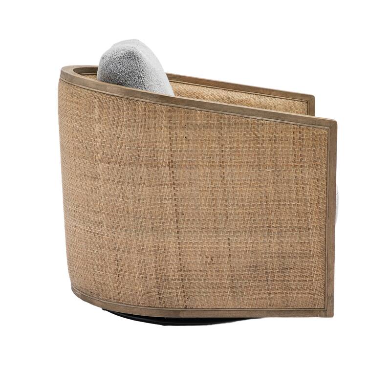 Boucle Upholstered Swivel Barrel Chair, Comfy Round Accent Sofa Chair, High Back Club Chair with Rattan Armrests