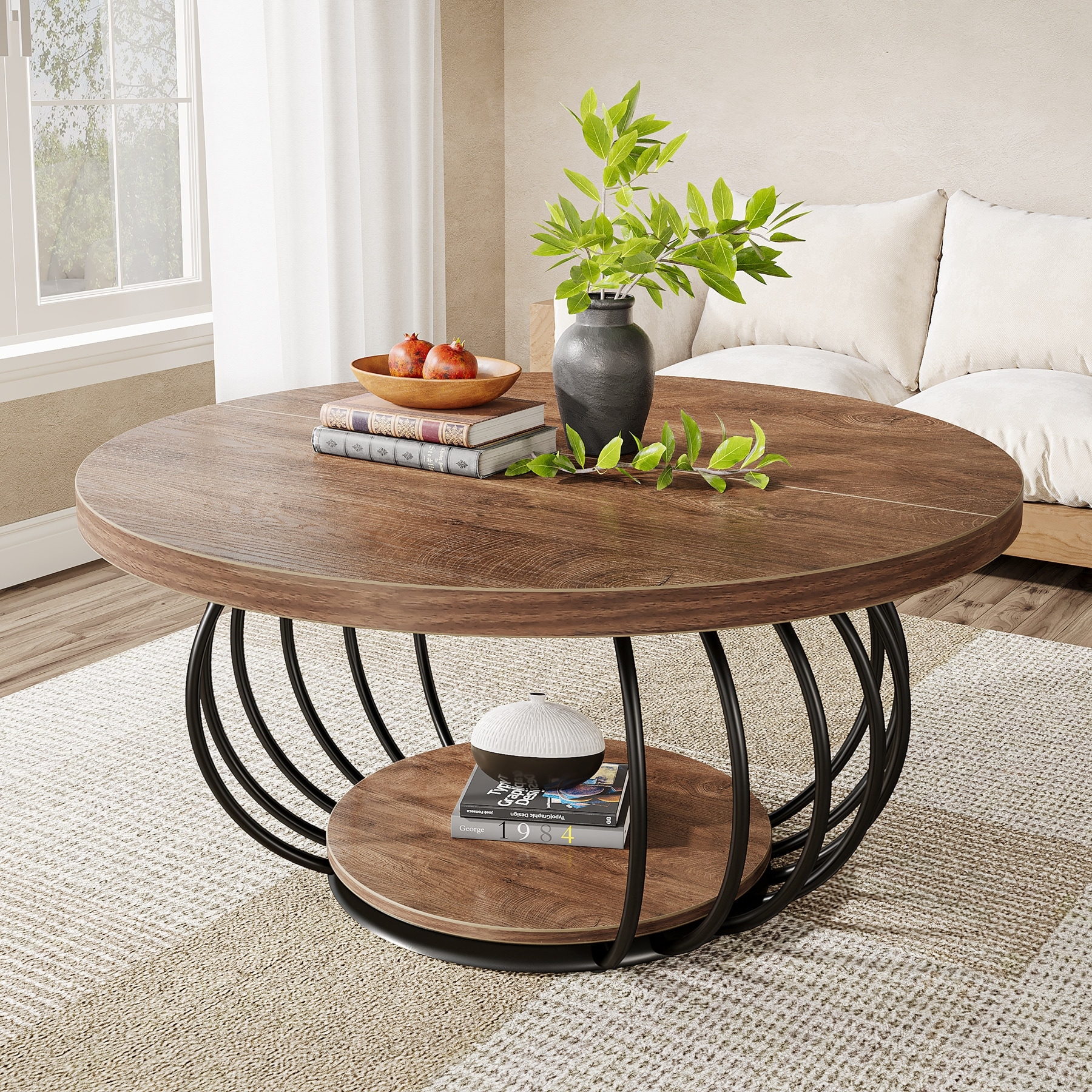 39.4" Rustic Wood Round Coffee Table with 2-Tier Storage - 39.37"D x 39.37" W x 18.11" H